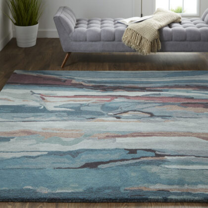9' X 12' Blue Red And Ivory Wool Abstract Tufted Handmade Stain Resistant Area Rug