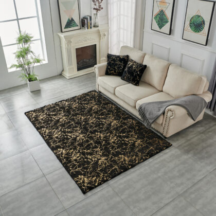 4' x 6' Black and Gold Faux Fur Abstract Shag Non Skid Area Rug