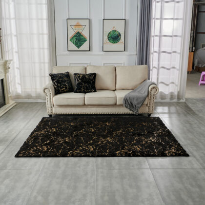 4' x 6' Black and Gold Faux Fur Abstract Shag Non Skid Area Rug