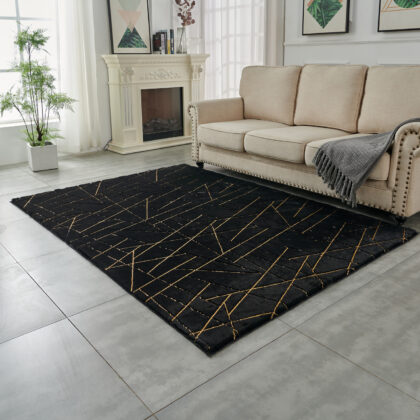 3' X 5' Black and Gold Faux Fur Abstract Shag Non Skid Area Rug
