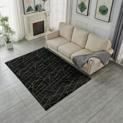 3' X 5' Black and Gold Faux Fur Abstract Shag Non Skid Area Rug