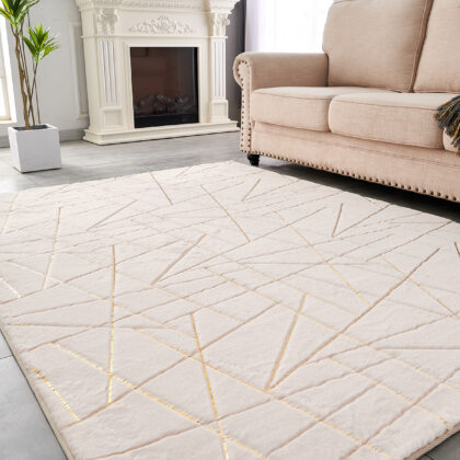 8' x 11' Beige and Gold Faux Fur Abstract Shag Non Skid Area Rug
