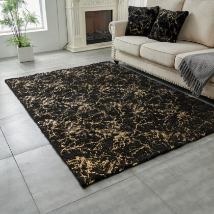 4' x 6' Black and Gold Faux Fur Abstract Shag Non Skid Area Rug