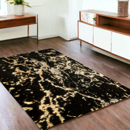 4' x 6' Black and Gold Faux Fur Abstract Shag Non Skid Area Rug