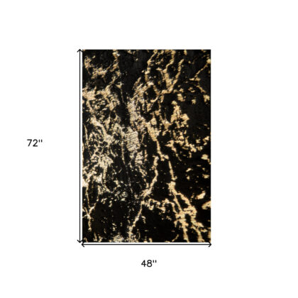 4' x 6' Black and Gold Faux Fur Abstract Shag Non Skid Area Rug