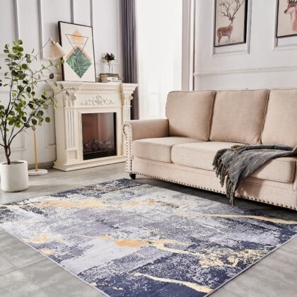 5' x 7' Blue and Yellow Abstract Shag Printed Washable Non Skid Area Rug
