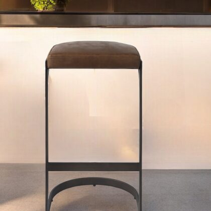 35" Black Leather and Metal Backless Bar Chair