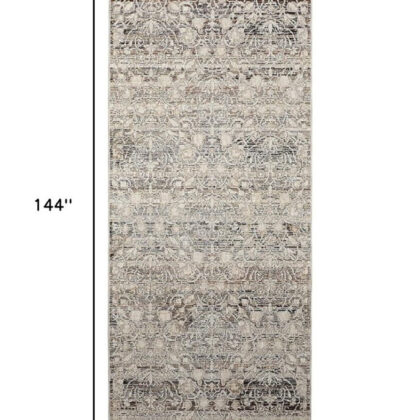 12' Gray and Ivory Oriental Power Loom Distressed Runner Rug With Fringe