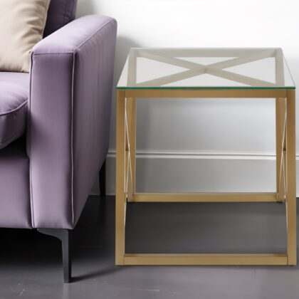 22" Brass And Clear Glass And Steel Square End Table