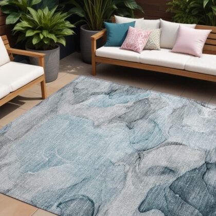 10' X 14' Teal Abstract Washable Non Skid Indoor Outdoor Area Rug