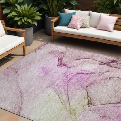 9' X 12' Pink Abstract Washable Non Skid Indoor Outdoor Area Rug