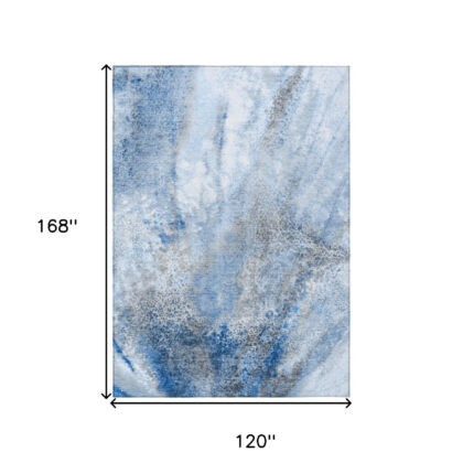 10' X 14' Ivory Blue and Gray Abstract Washable Non Skid Indoor Outdoor Area Rug
