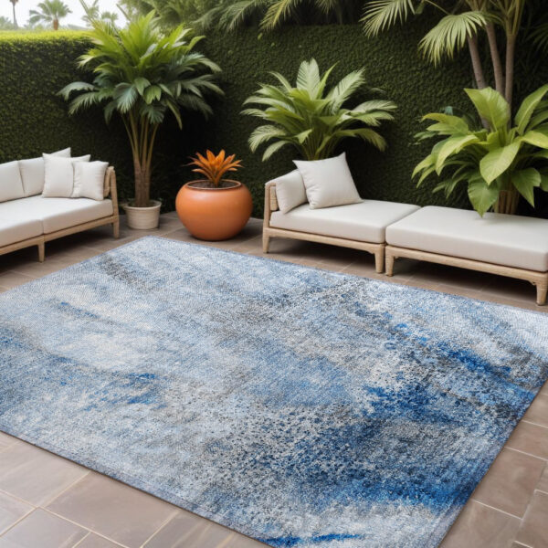 10' X 14' Ivory Blue and Gray Abstract Washable Non Skid Indoor Outdoor Area Rug
