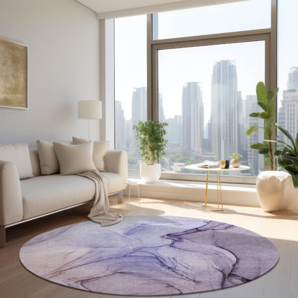 8' Round Gray and Purple Round Abstract Washable Non Skid Indoor Outdoor Area Rug
