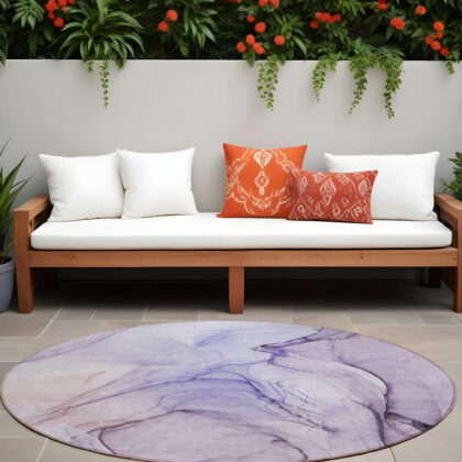 8' Round Gray and Purple Round Abstract Washable Non Skid Indoor Outdoor Area Rug