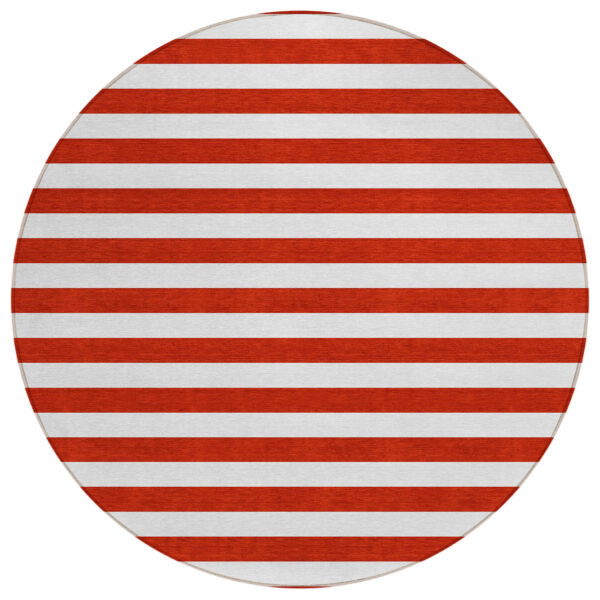 8' Round Red and White Round Striped Washable Non Skid Indoor Outdoor Area Rug