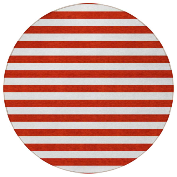8' Round Red and White Round Striped Washable Non Skid Indoor Outdoor Area Rug