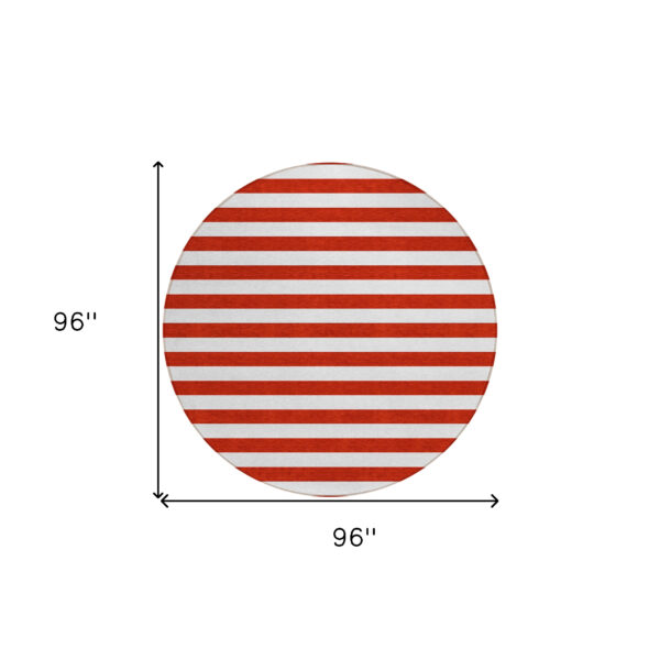 8' Round Red and White Round Striped Washable Non Skid Indoor Outdoor Area Rug