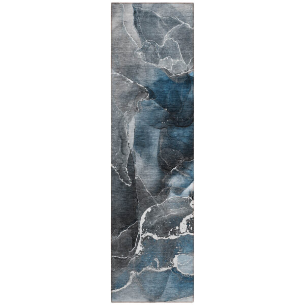 8' Runner Ivory Blue and Gray Abstract Washable Non Skid Indoor Outdoor Runner Rug