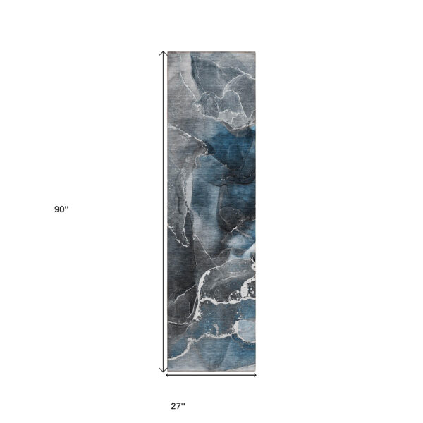 8' Runner Ivory Blue and Gray Abstract Washable Non Skid Indoor Outdoor Runner Rug