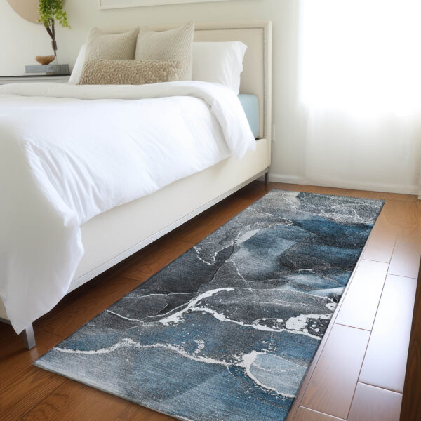 8' Runner Ivory Blue and Gray Abstract Washable Non Skid Indoor Outdoor Runner Rug
