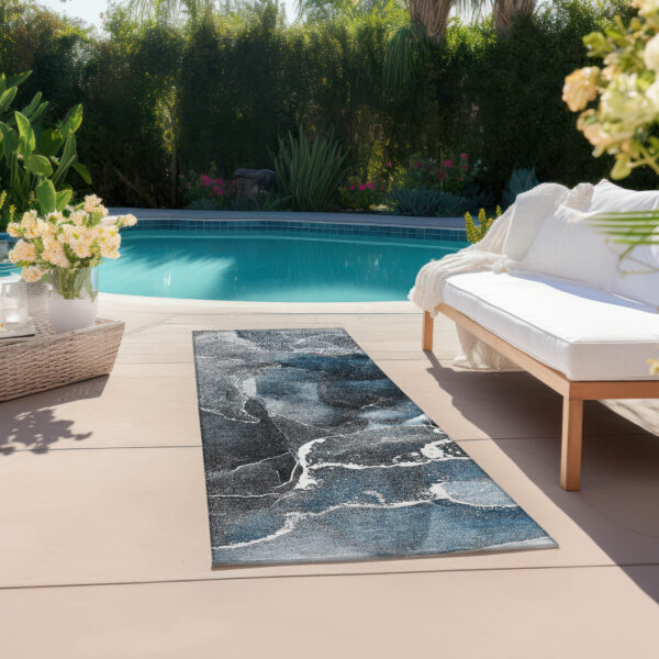 8' Runner Ivory Blue and Gray Abstract Washable Non Skid Indoor Outdoor Runner Rug