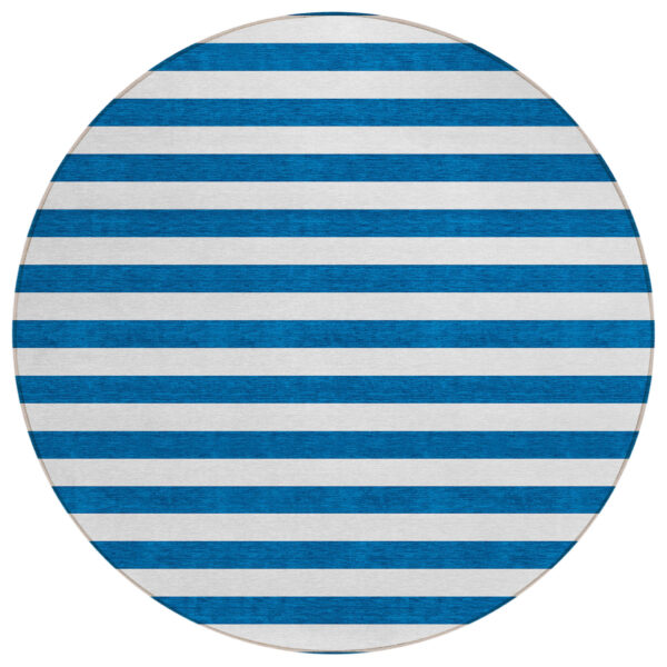8' Round Navy Blue Round Striped Washable Non Skid Indoor Outdoor Area Rug