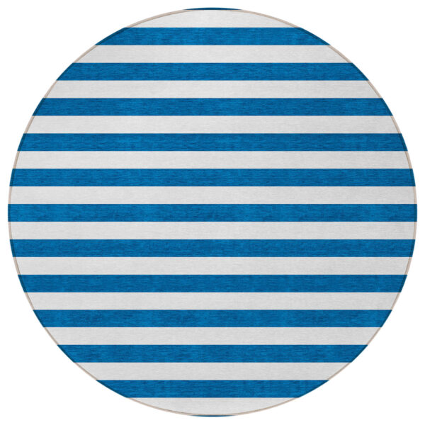 8' Round Navy Blue Round Striped Washable Non Skid Indoor Outdoor Area Rug