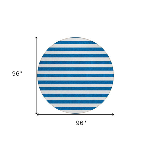 8' Round Navy Blue Round Striped Washable Non Skid Indoor Outdoor Area Rug