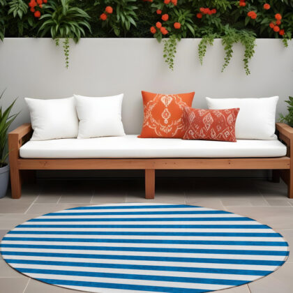 8' Round Navy Blue Round Striped Washable Non Skid Indoor Outdoor Area Rug