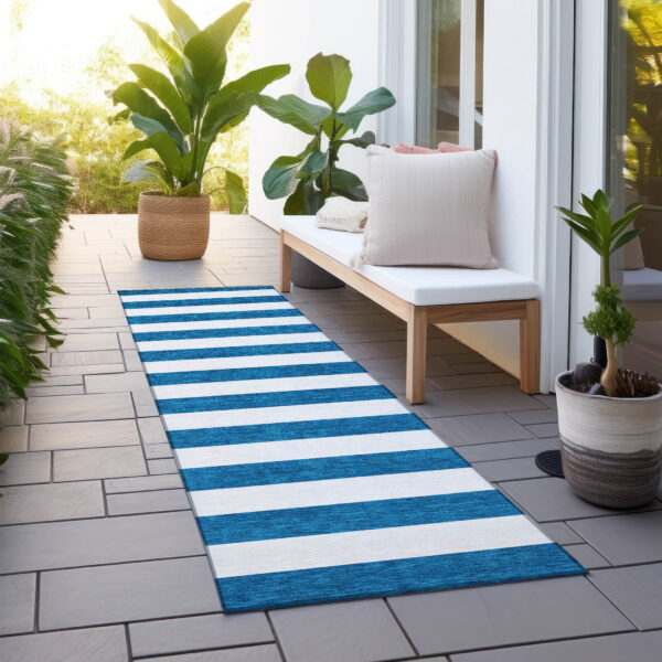 8' Runner Navy Blue Striped Washable Non Skid Indoor Outdoor Runner Rug