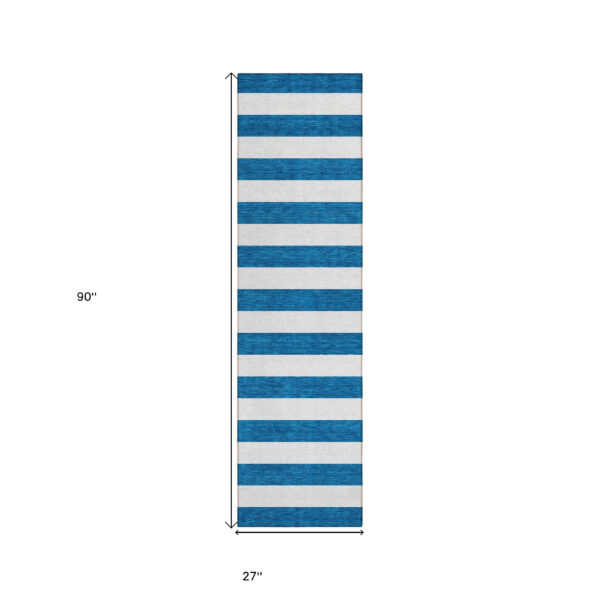 8' Runner Navy Blue Striped Washable Non Skid Indoor Outdoor Runner Rug