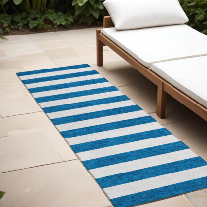8' Runner Navy Blue Striped Washable Non Skid Indoor Outdoor Runner Rug