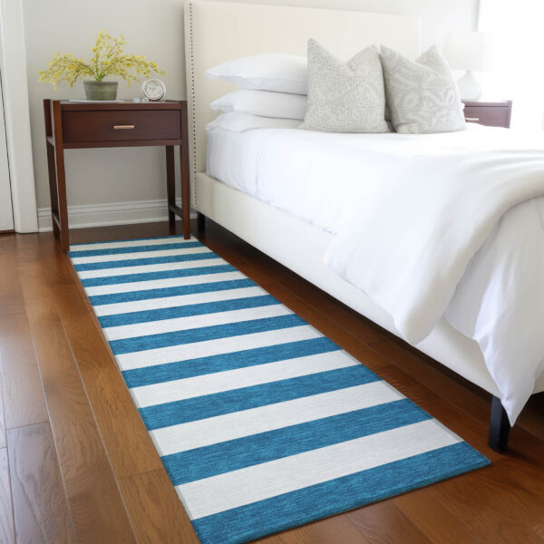 8' Runner Navy Blue Striped Washable Non Skid Indoor Outdoor Runner Rug