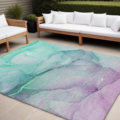 10' X 14' Teal and Purple Abstract Washable Indoor Outdoor Area Rug