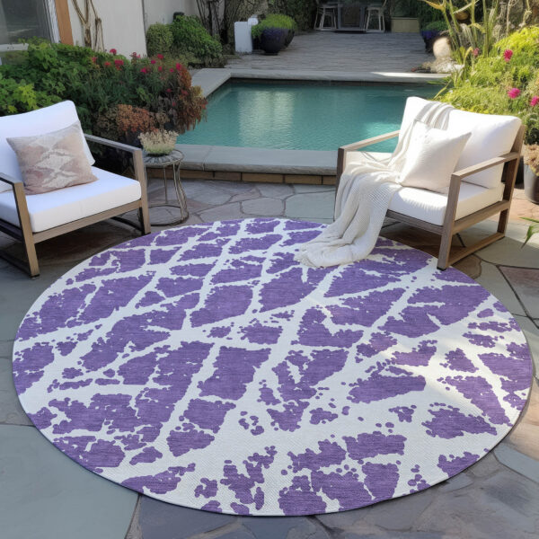 8' Round Purple and White Round Abstract Washable Non Skid Indoor Outdoor Area Rug