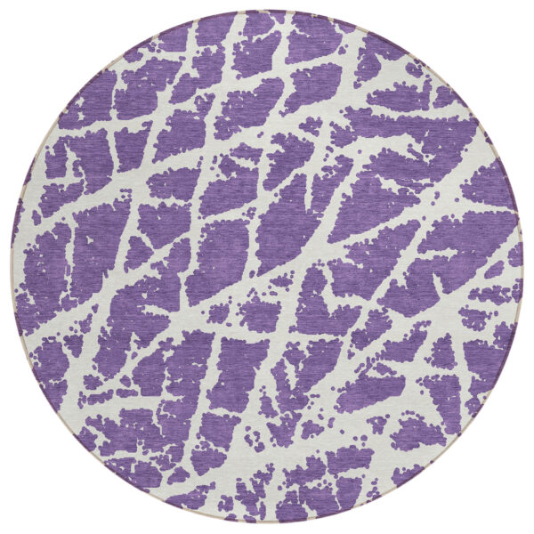 8' Round Purple and White Round Abstract Washable Non Skid Indoor Outdoor Area Rug