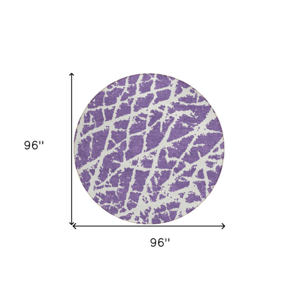 8' Round Purple and White Round Abstract Washable Non Skid Indoor Outdoor Area Rug