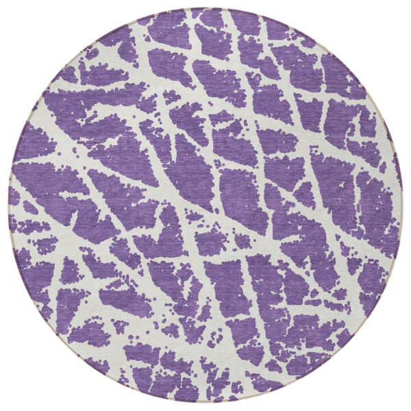 8' Round Purple and White Round Abstract Washable Non Skid Indoor Outdoor Area Rug