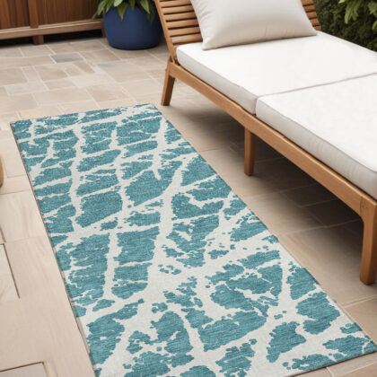 8' Runner Teal Abstract Washable Non Skid Indoor Outdoor Runner Rug