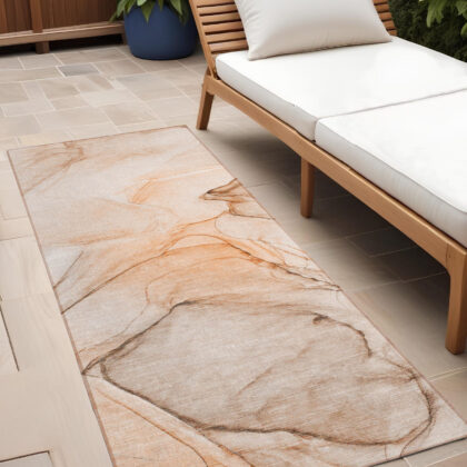 3' X 8' Beige and Orange Abstract Washable Non Skid Indoor Outdoor Runner Rug