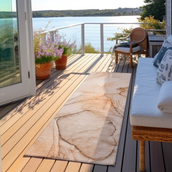 3' X 8' Beige and Orange Abstract Washable Non Skid Indoor Outdoor Runner Rug