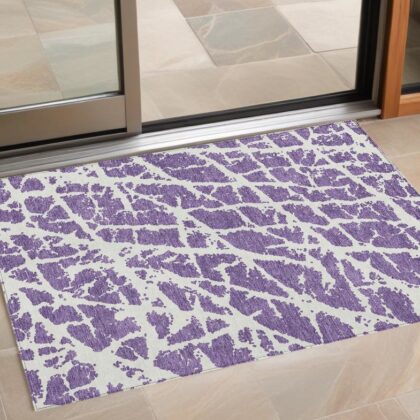 3' X 5' Purple and White Abstract Washable Non Skid Indoor Outdoor Area Rug