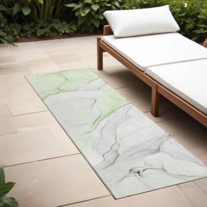 2' X 8' Green Abstract Washable Indoor Outdoor Runner Rug