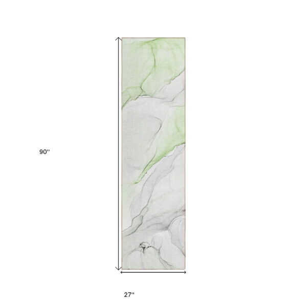 2' X 8' Green Abstract Washable Indoor Outdoor Runner Rug