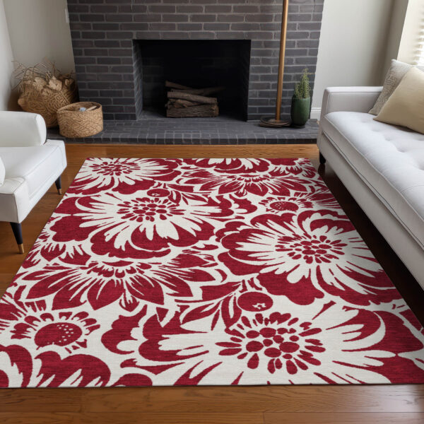 10' X 14' Burgundy and White Floral Washable Non Skid Indoor Outdoor Area Rug