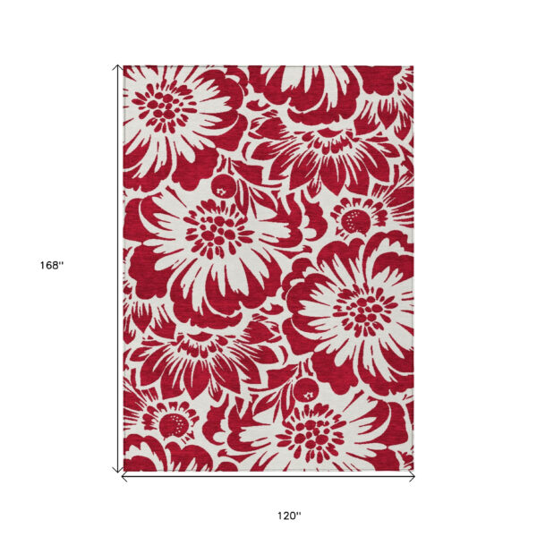 10' X 14' Burgundy and White Floral Washable Non Skid Indoor Outdoor Area Rug