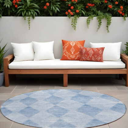 8' Round Blue Round Geometric Washable Non Skid Indoor Outdoor Area Rug