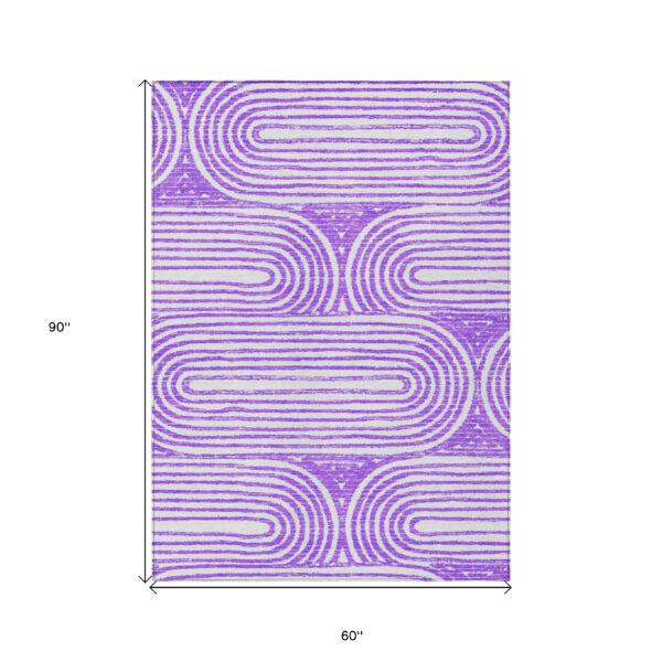 5' X 8' Purple and White Abstract Washable Non Skid Indoor Outdoor Area Rug