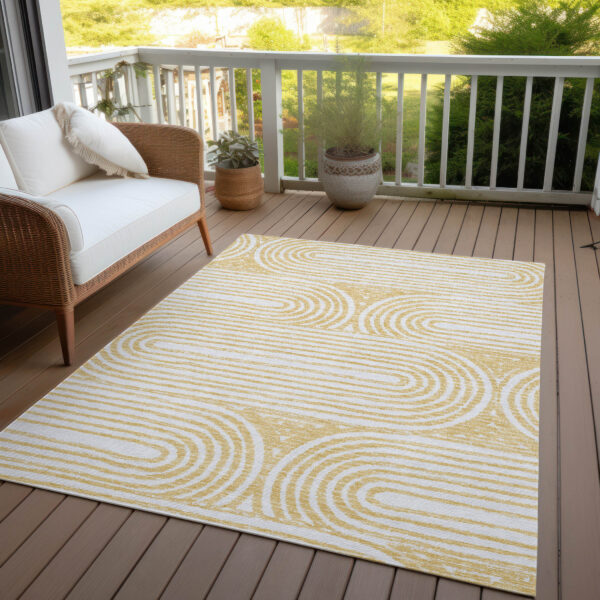 9' X 12' Gold and White Abstract Washable Non Skid Indoor Outdoor Area Rug